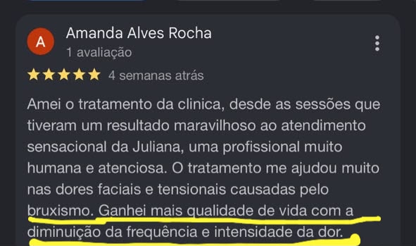 Avaliação 5 estrelas de Amanda Alves Rocha sobre a redução das dores faciais