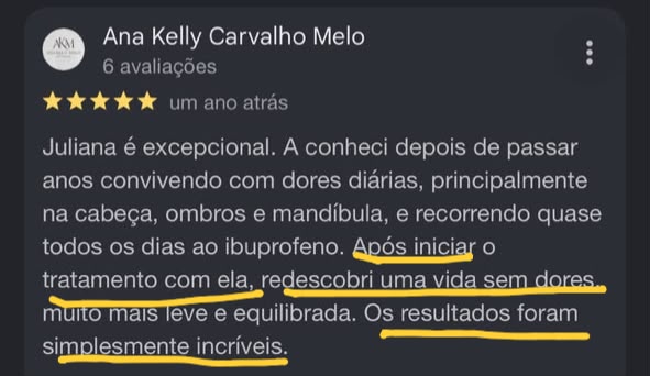 Avaliação 5 estrelas de Ana Kelly Carvalho Melo sobre o tratamento com Juliana