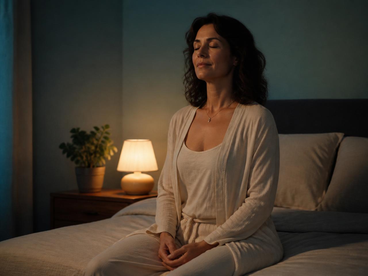 Mulher fazendo respiração calma à noite