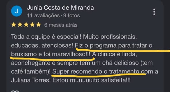 Avaliação 5 estrelas de Junia Costa de Miranda sobre o programa para bruxismo