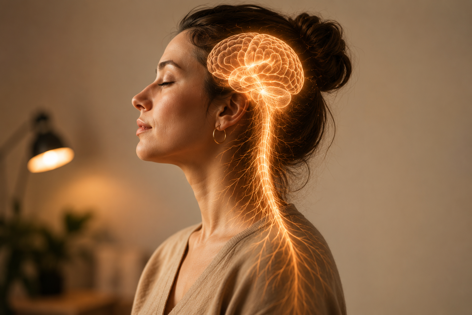 Mulher em meditação com mão no peito